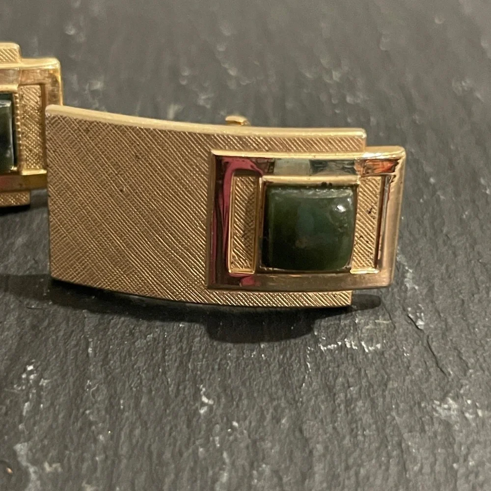 Vintage Swank Gold-tone Cufflinks with Green Jade Stones Bullet Back